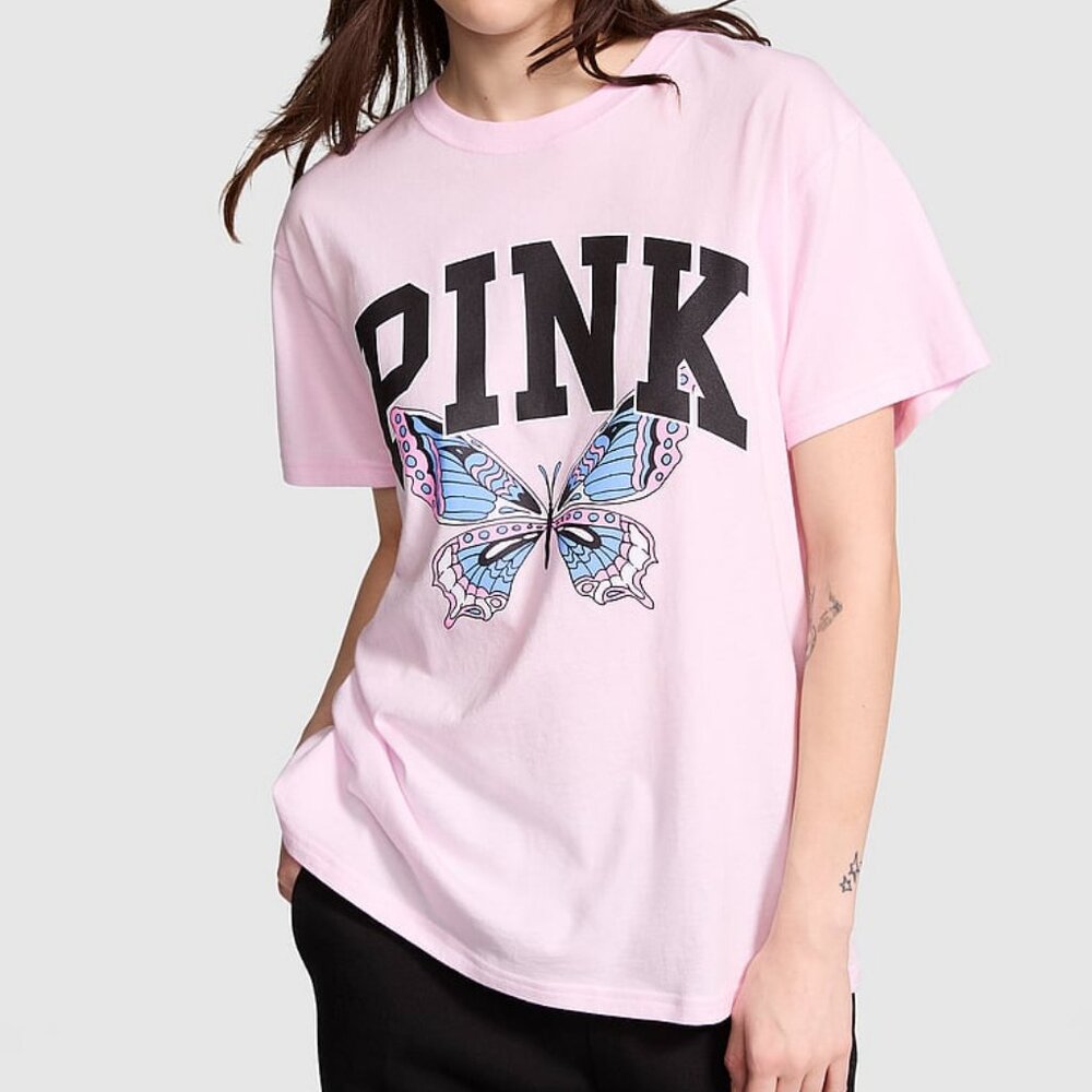VS PINK Limited Edition Pink Tulip Butterfly Short Sleeve Shirt Medium M